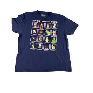 Super Mario Bros Mens XL Blue T-Shirt 16 Character Pixel Grid Nintendo Gaming *